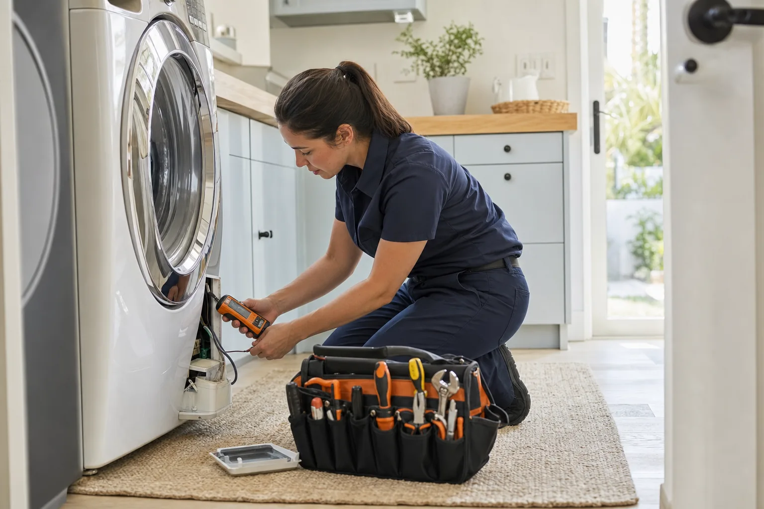 Technician providing washer repair.